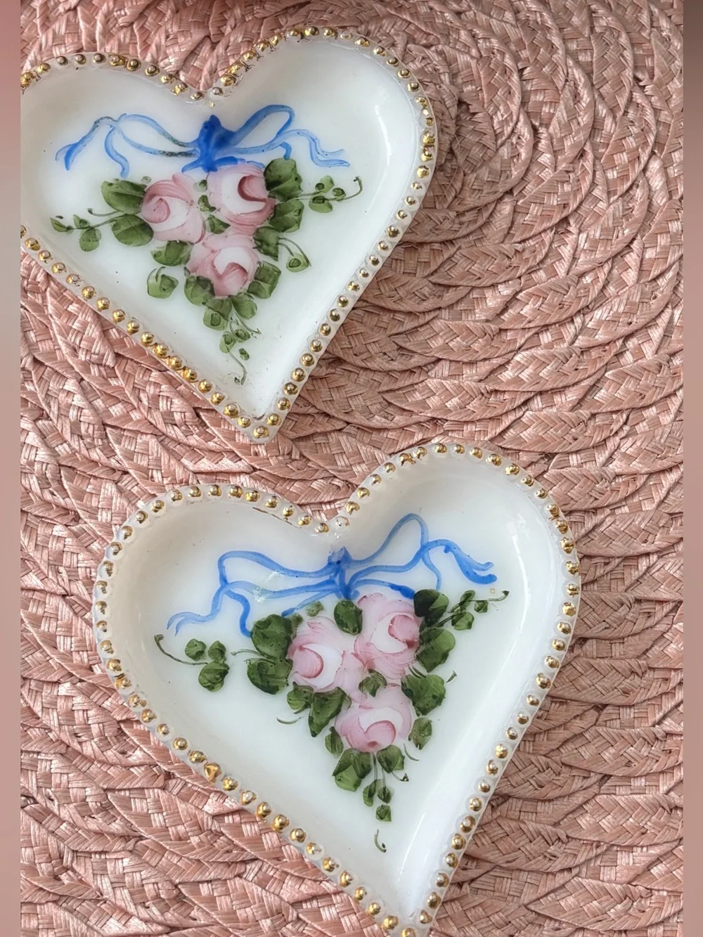 Vintage Milk Glass Hand Painted Flowers Heart Shaped Trinket Dish (set of 2)